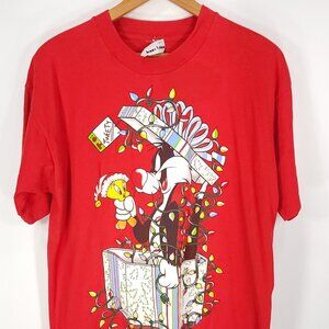 Vtg Sylvester Tweety Bird Christmas Graphic T-Shirt Men's XL? Red Jerry Leigh